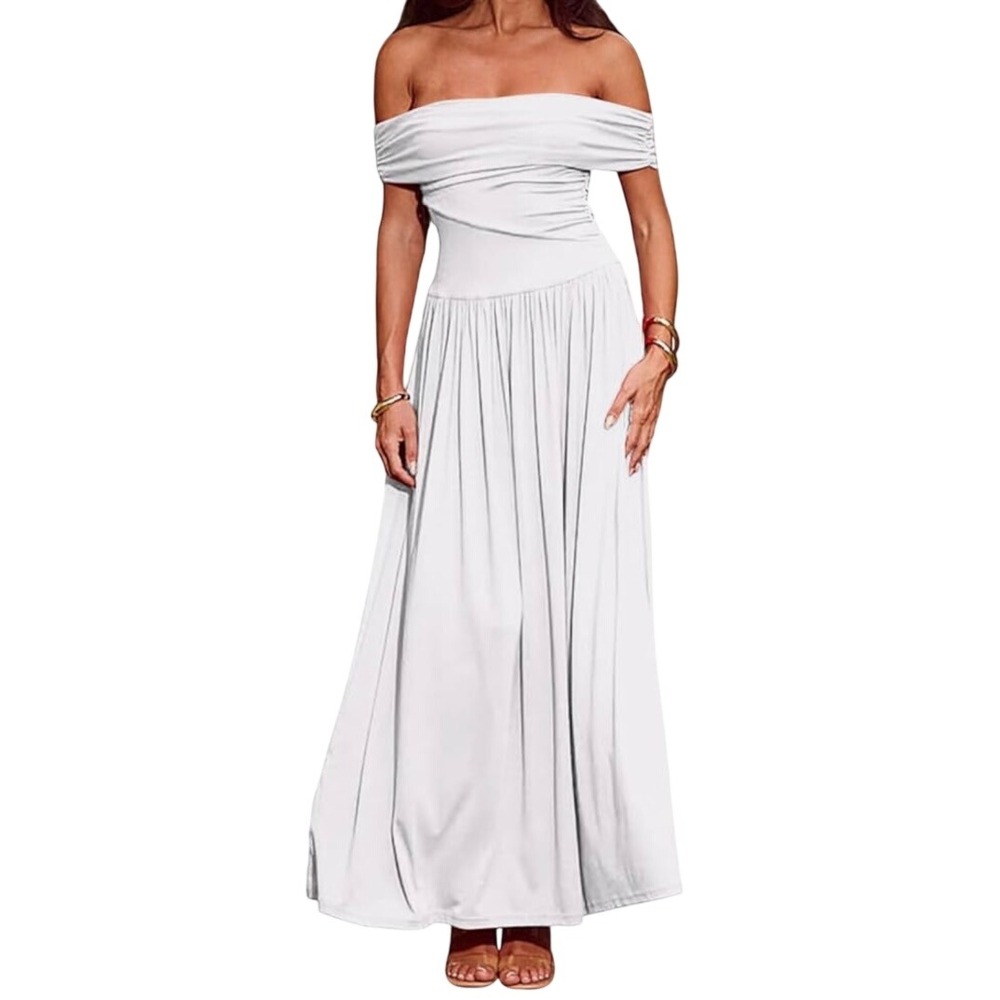 White Strapless Maxi Dress Ruched‎ Bodice Flowy LWD Chic Wedding Shower Bride